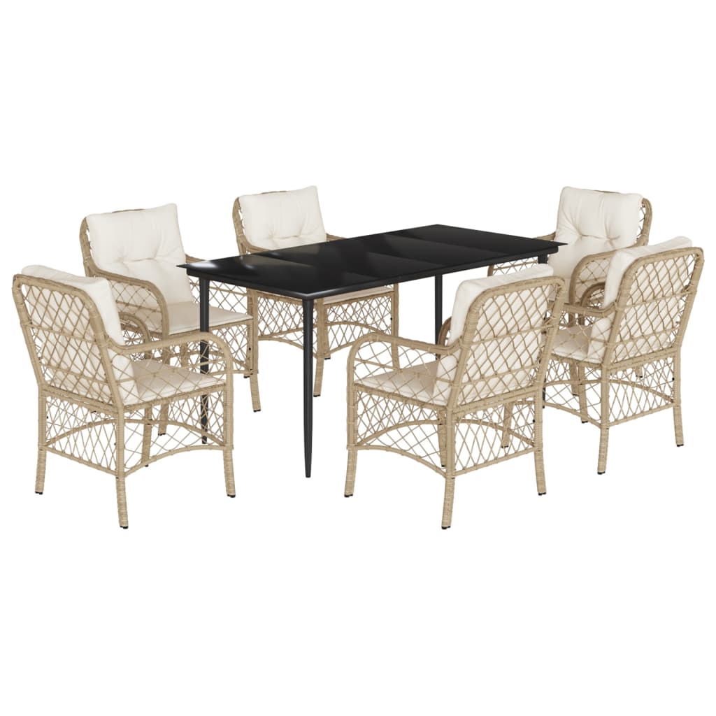 7-tlg. Garten-Essgruppe mit Kissen Beige Poly Rattan