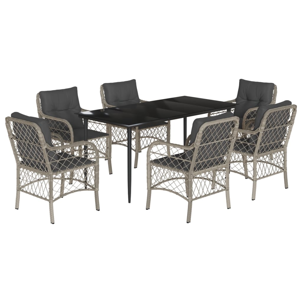 7-tlg. Garten-Essgruppe mit Kissen Hellgrau Poly Rattan