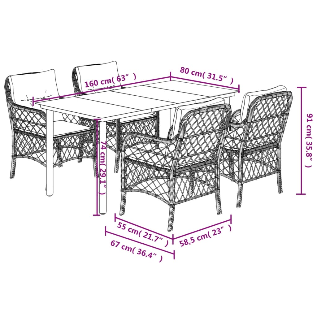 5-tlg. Garten-Essgruppe mit Kissen Hellgrau Poly Rattan