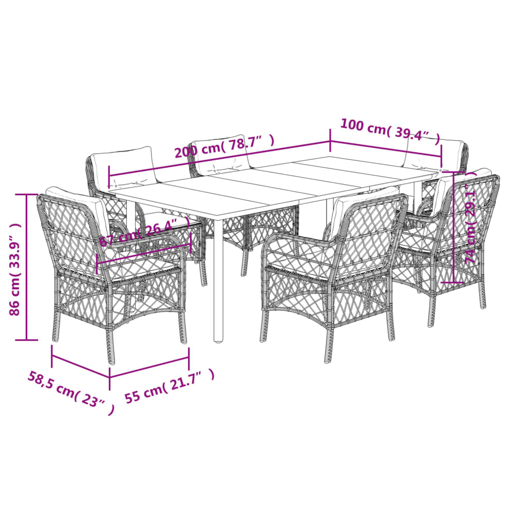 7-tlg. Garten-Essgruppe mit Kissen Hellgrau Poly Rattan