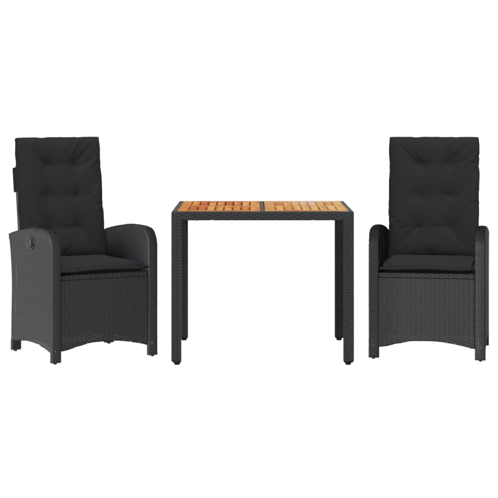 3-tlg. Garten-Essgruppe mit Kissen Schwarz Poly Rattan