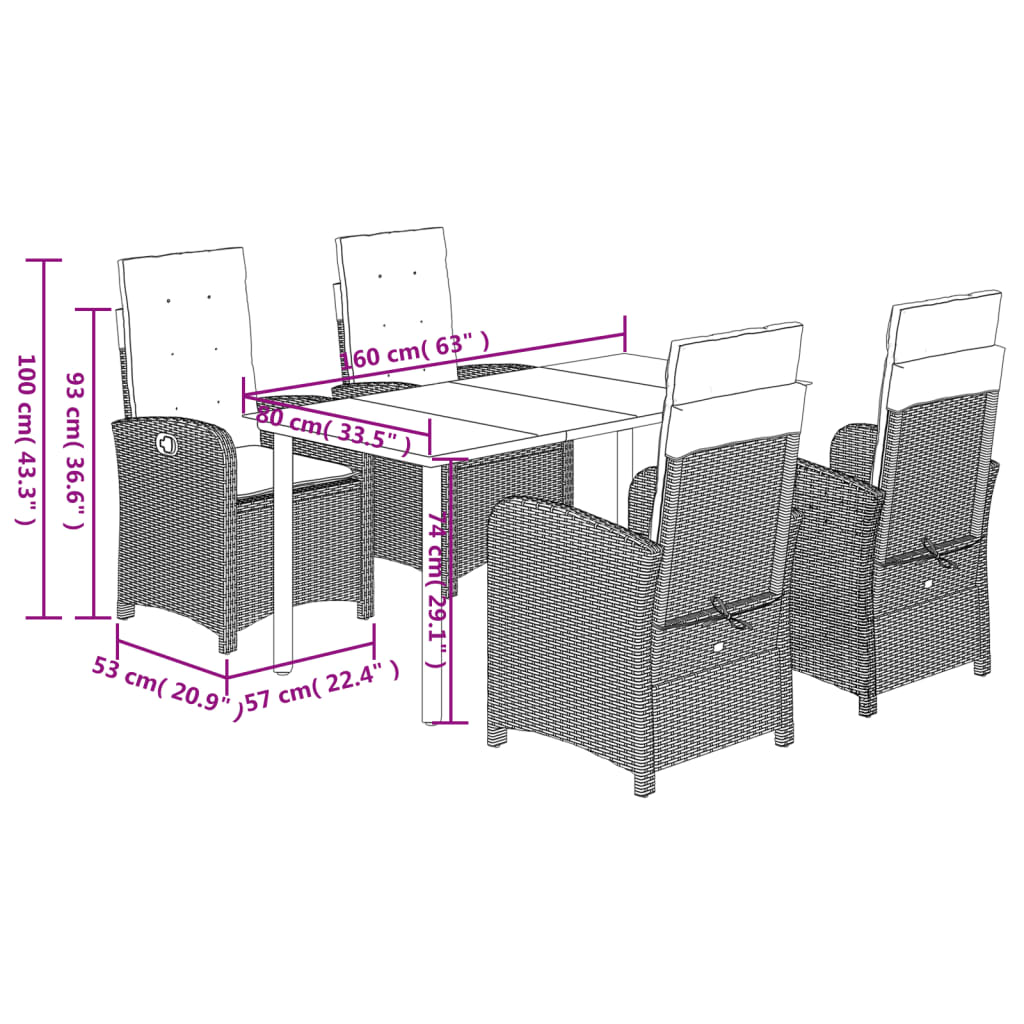 5-tlg. Garten-Essgruppe mit Kissen Schwarz Poly Rattan