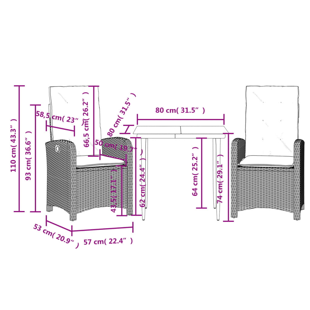 3-tlg. Garten-Essgruppe mit Kissen Braun Poly Rattan