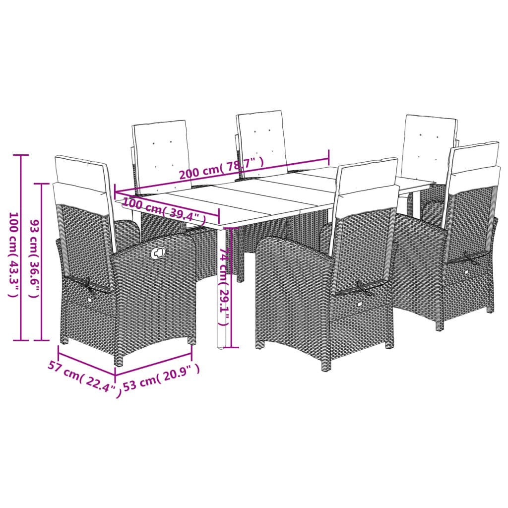 7-tlg. Garten-Essgruppe mit Kissen Braun Poly Rattan