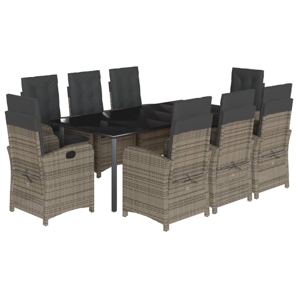 9-tlg. Garten-Essgruppe mit Kissen Grau Poly Rattan