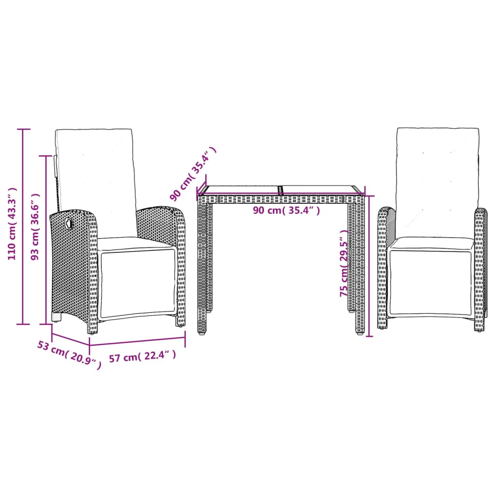 3-tlg. Bistro-Set mit Kissen Grau Poly Rattan