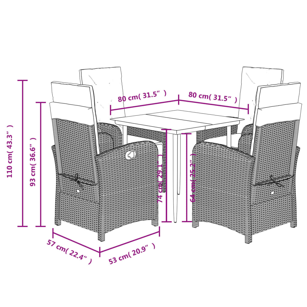 5-tlg. Garten-Essgruppe mit Kissen Braun Poly Rattan