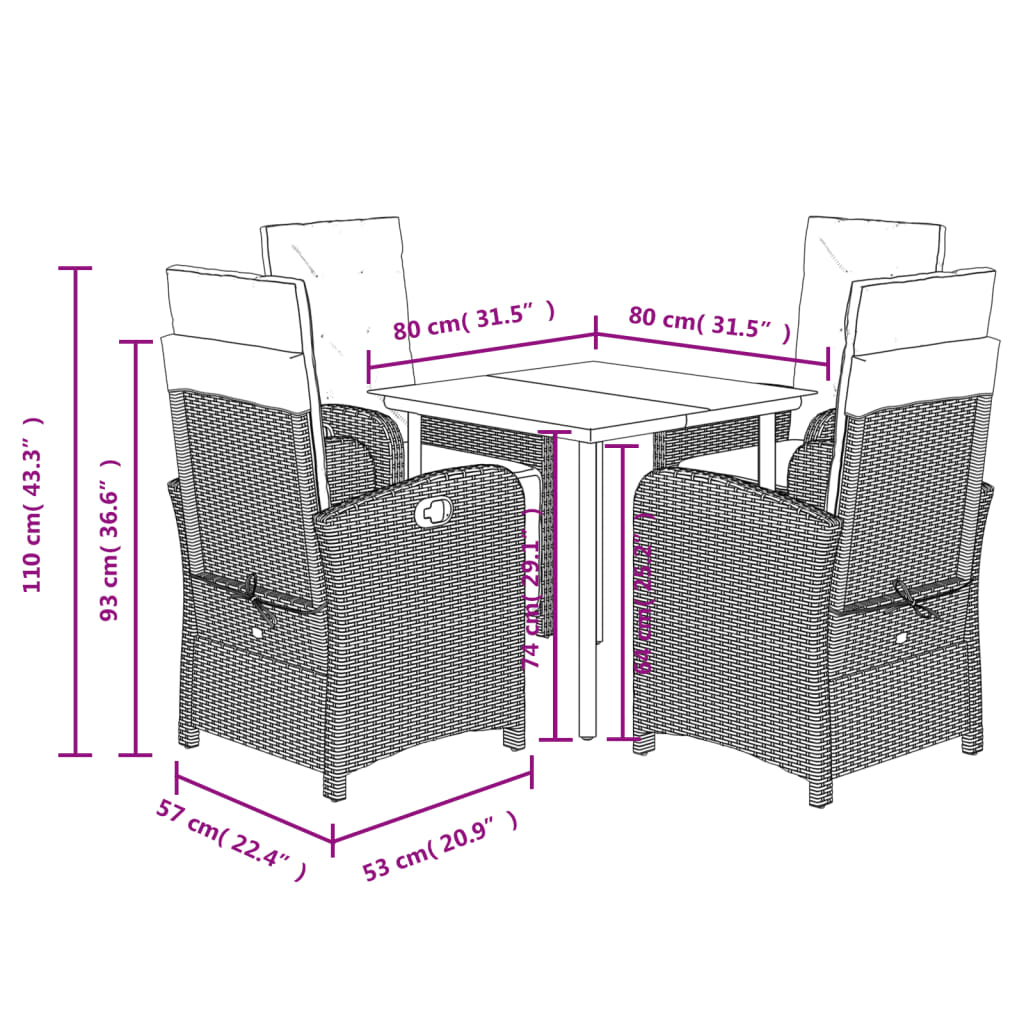 5-tlg. Garten-Essgruppe mit Kissen Braun Poly Rattan
