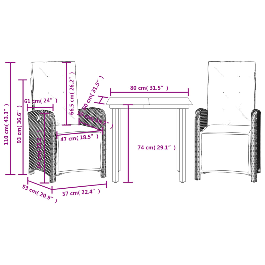 3-tlg. Bistro-Set mit Kissen Grau Poly Rattan