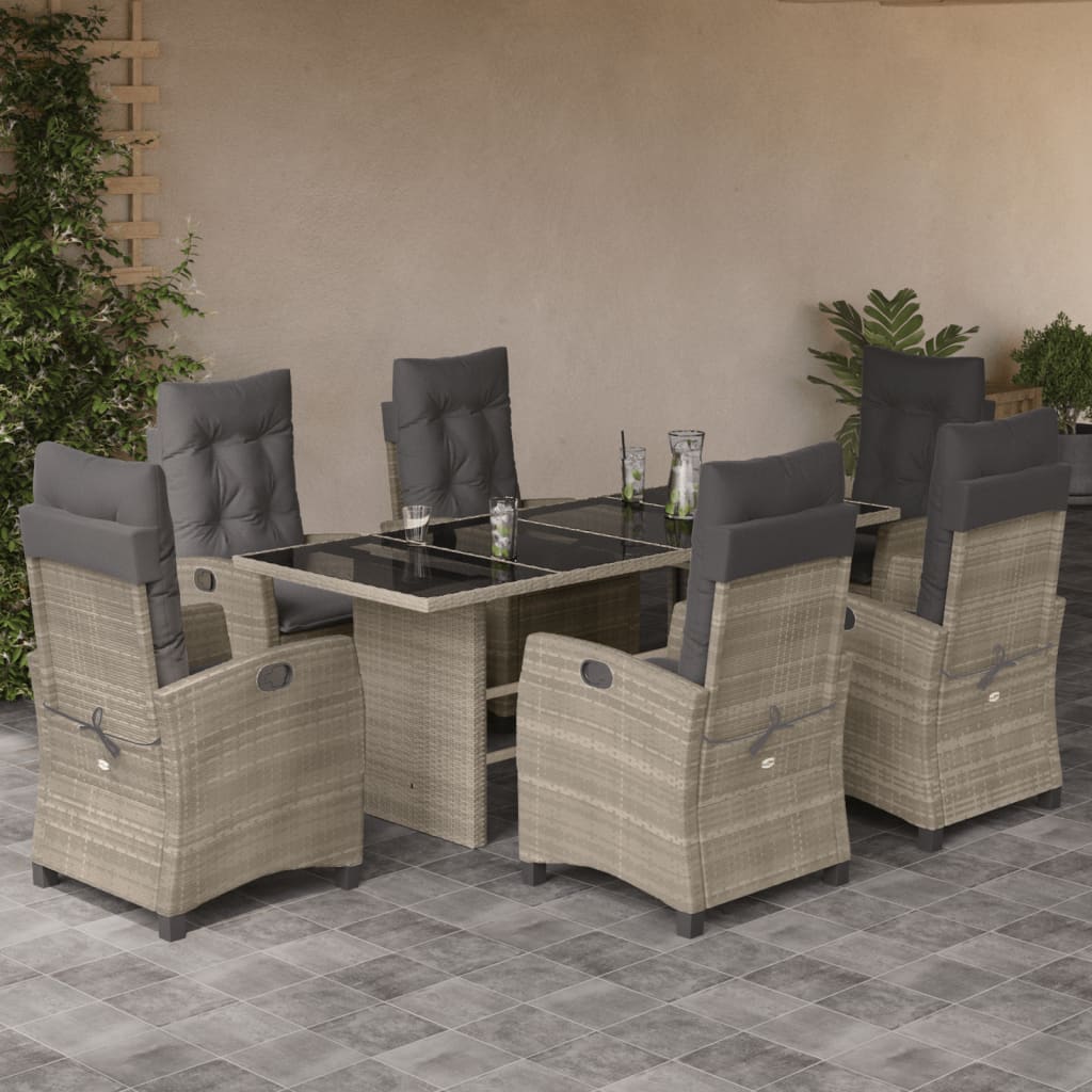 7-tlg. Garten-Essgruppe mit Kissen Hellgrau Poly Rattan