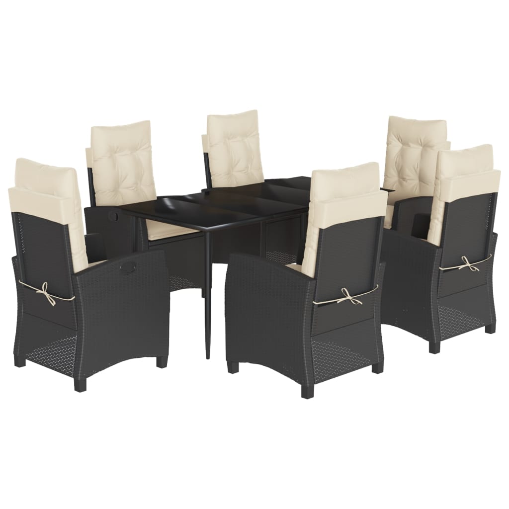 7-tlg. Garten-Essgruppe mit Kissen Schwarz Poly Rattan