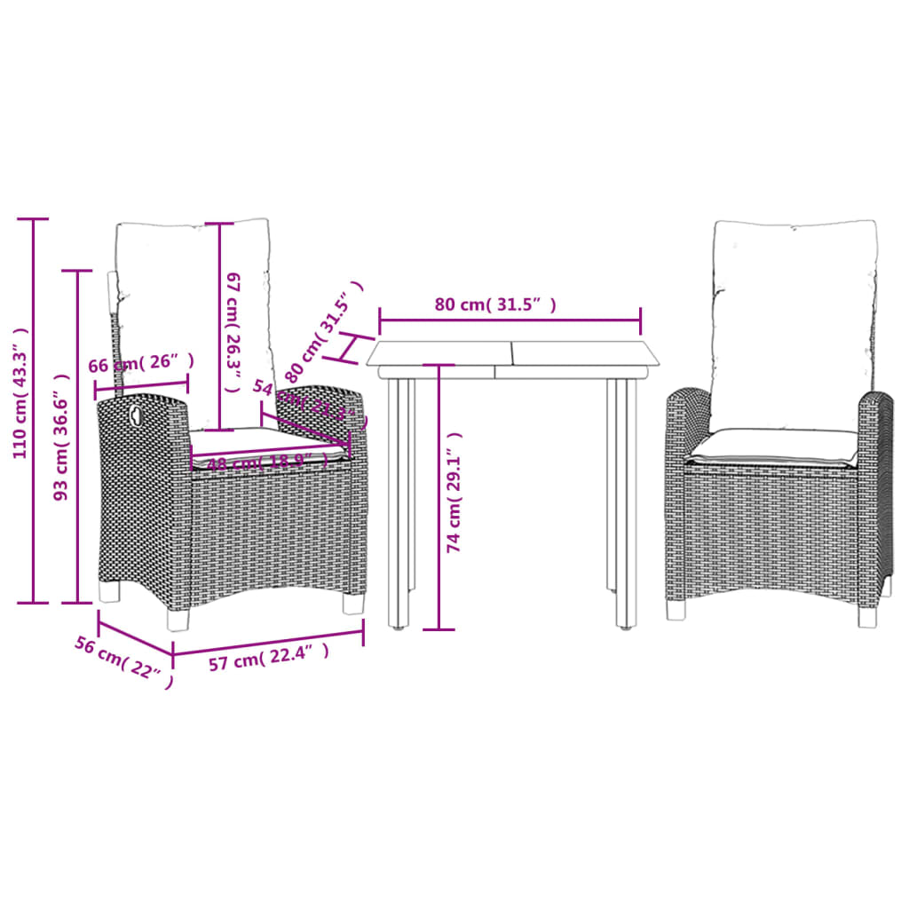 3-tlg. Garten-Essgruppe mit Kissen Schwarz Poly Rattan