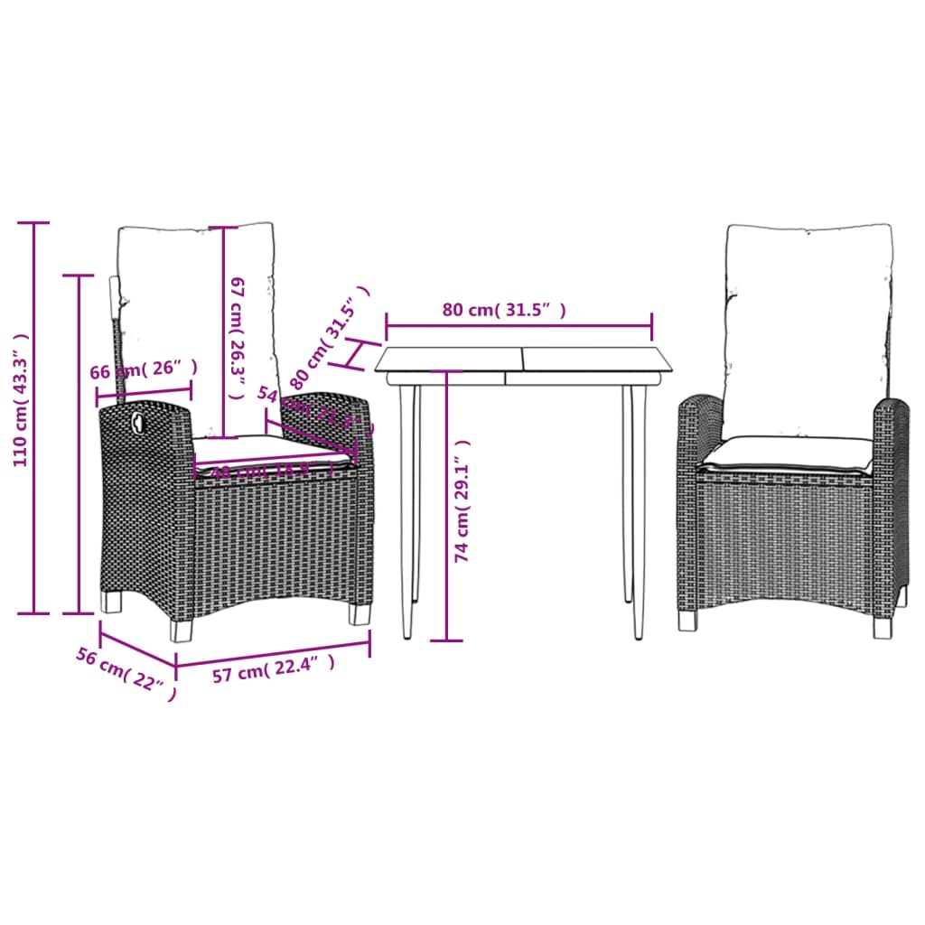 3-tlg. Garten-Essgruppe mit Kissen Schwarz Poly Rattan