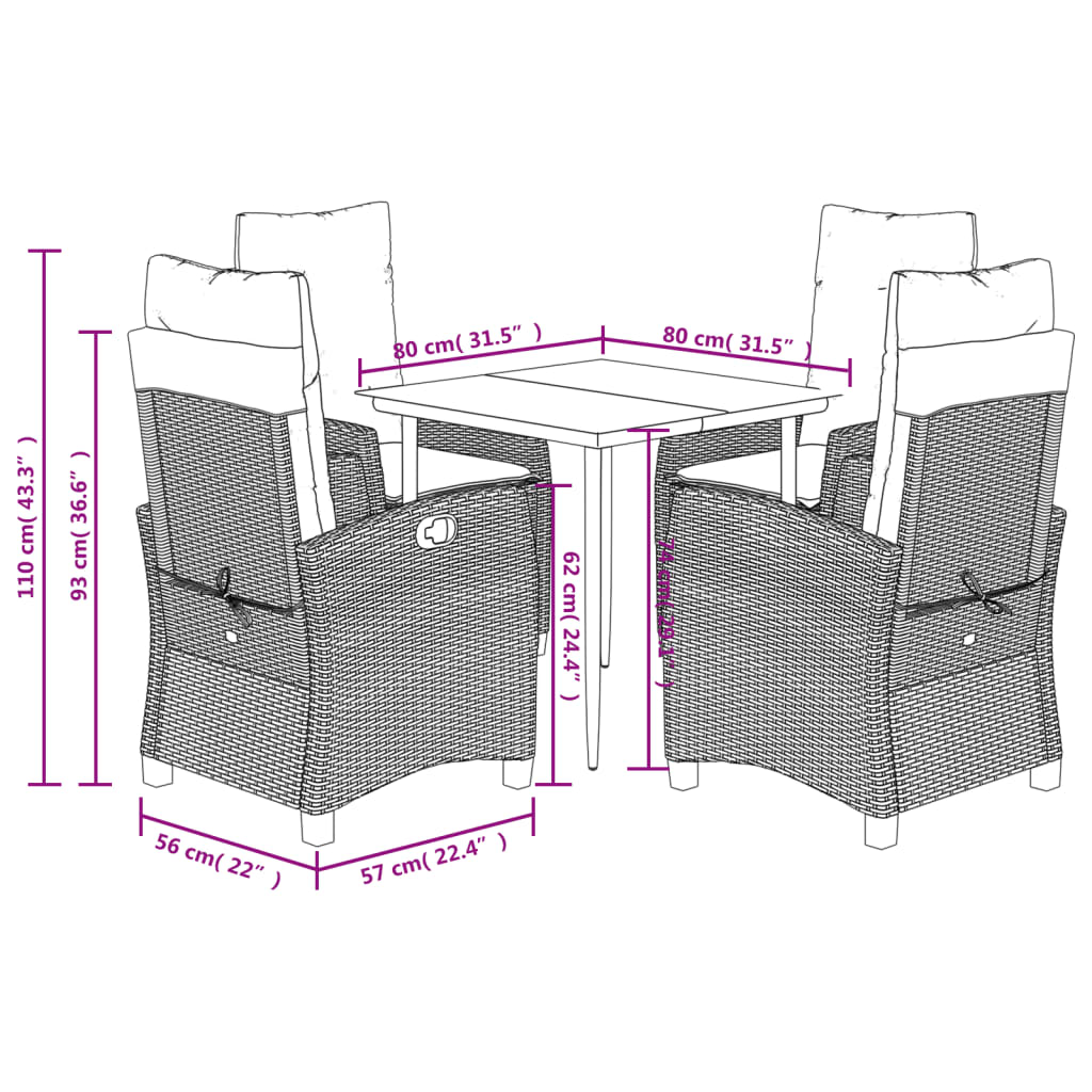 5-tlg. Garten-Essgruppe mit Kissen Braun Poly Rattan