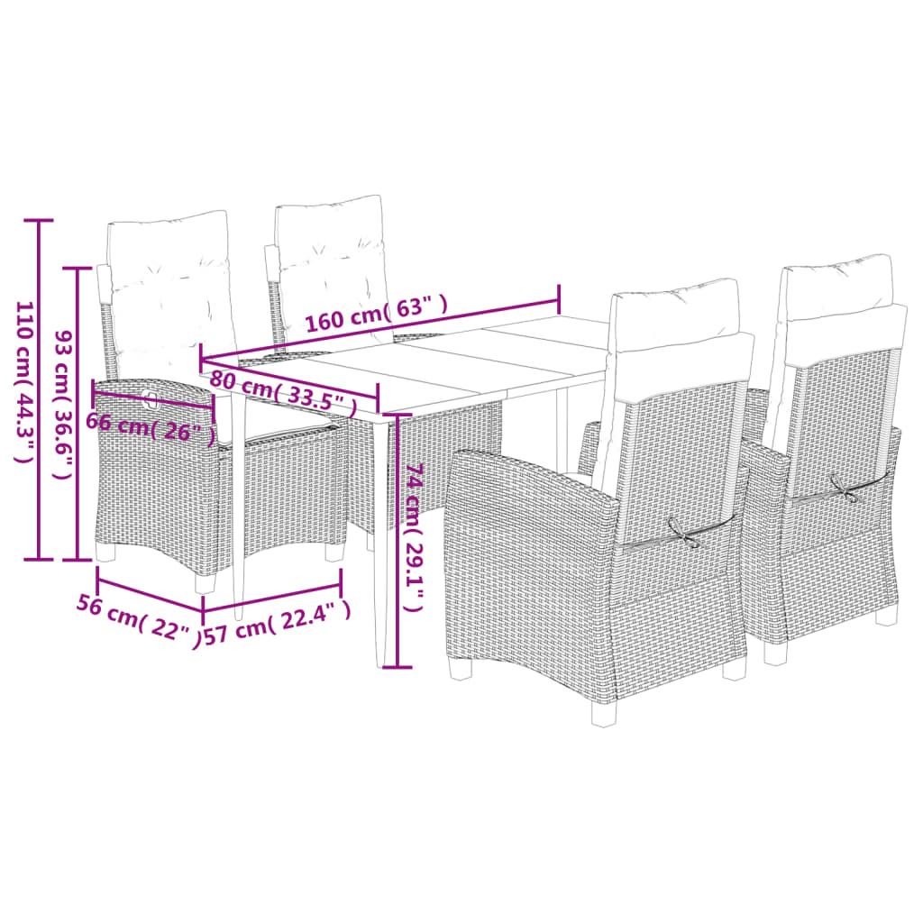 5-tlg. Garten-Essgruppe mit Kissen Braun Poly Rattan