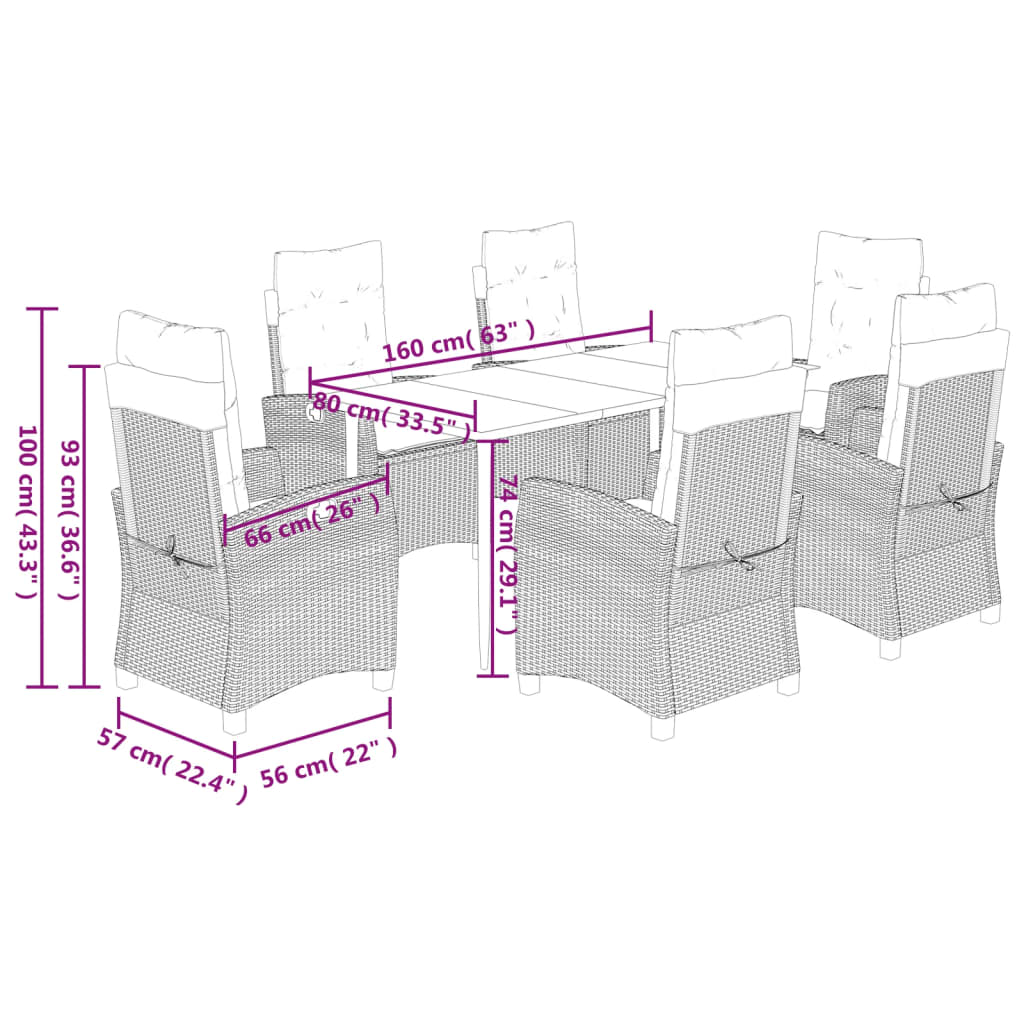 7-tlg. Garten-Essgruppe mit Kissen Braun Poly Rattan