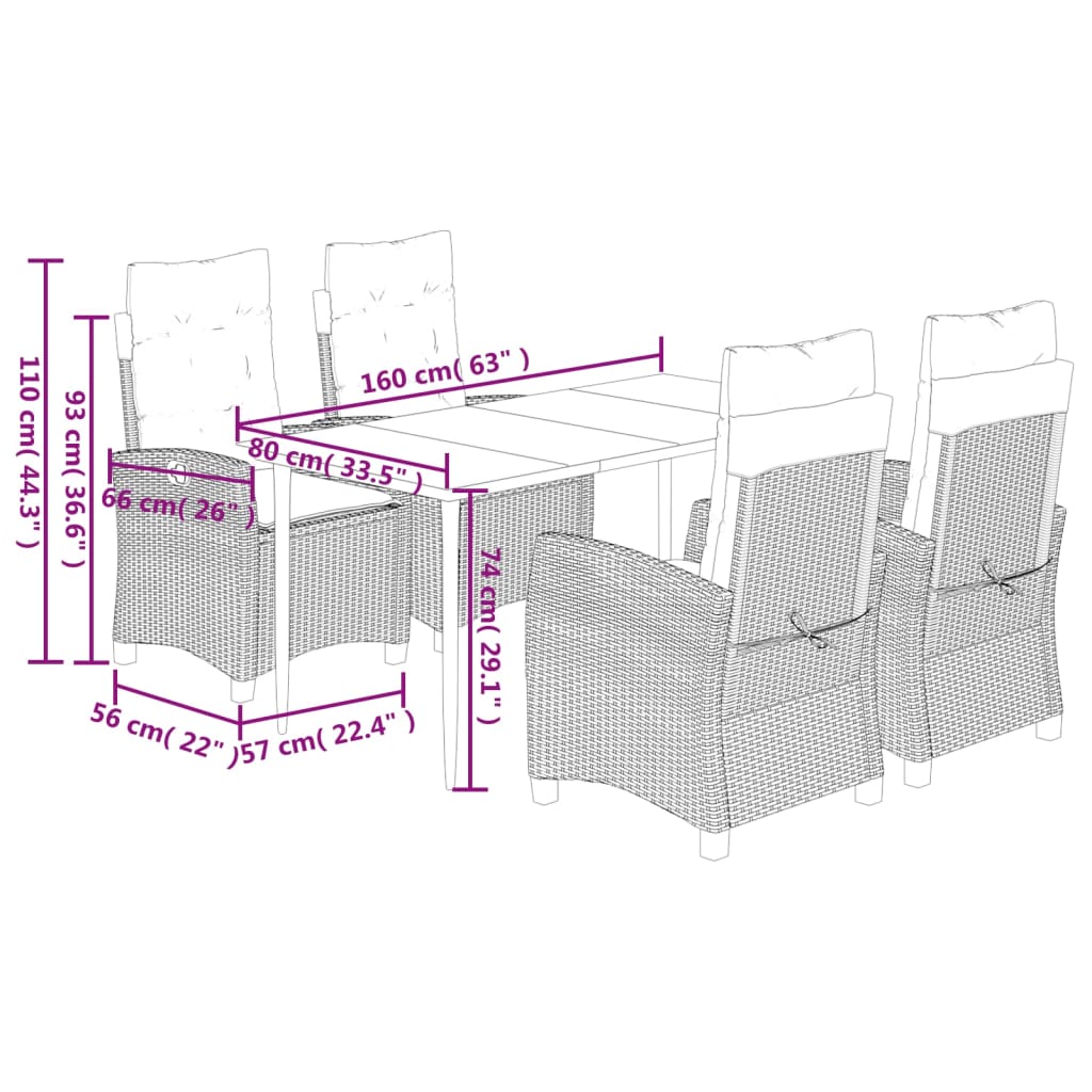 5-tlg. Garten-Essgruppe mit Kissen Grau Poly Rattan