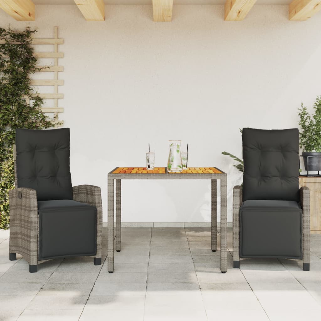 3-tlg. Garten-Essgruppe mit Kissen Grau Poly Rattan