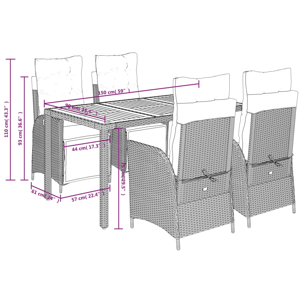 5-tlg. Garten-Essgruppe mit Kissen Schwarz Poly Rattan