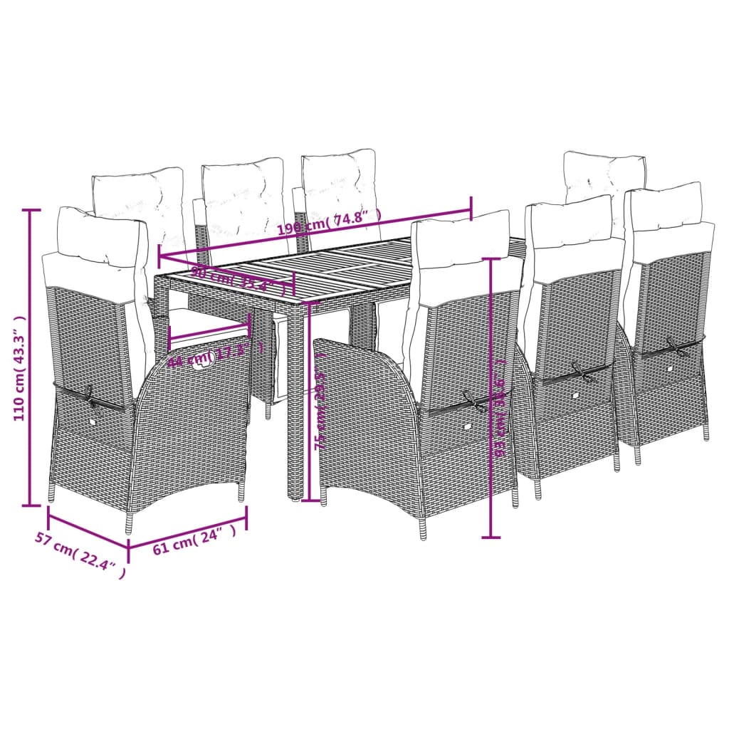 9-tlg. Garten-Essgruppe mit Kissen Schwarz Poly Rattan