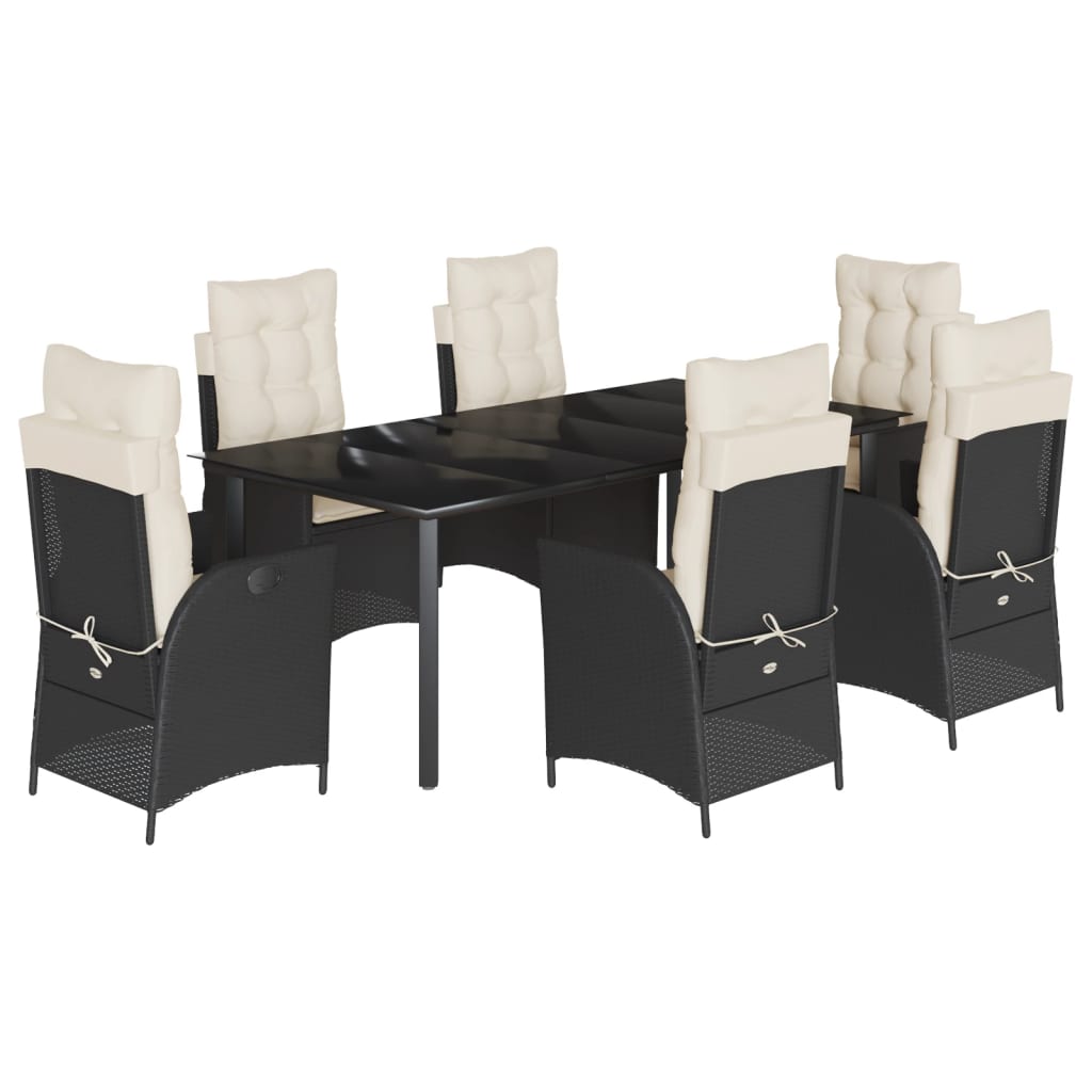 7-tlg. Garten-Essgruppe mit Kissen Schwarz Poly Rattan