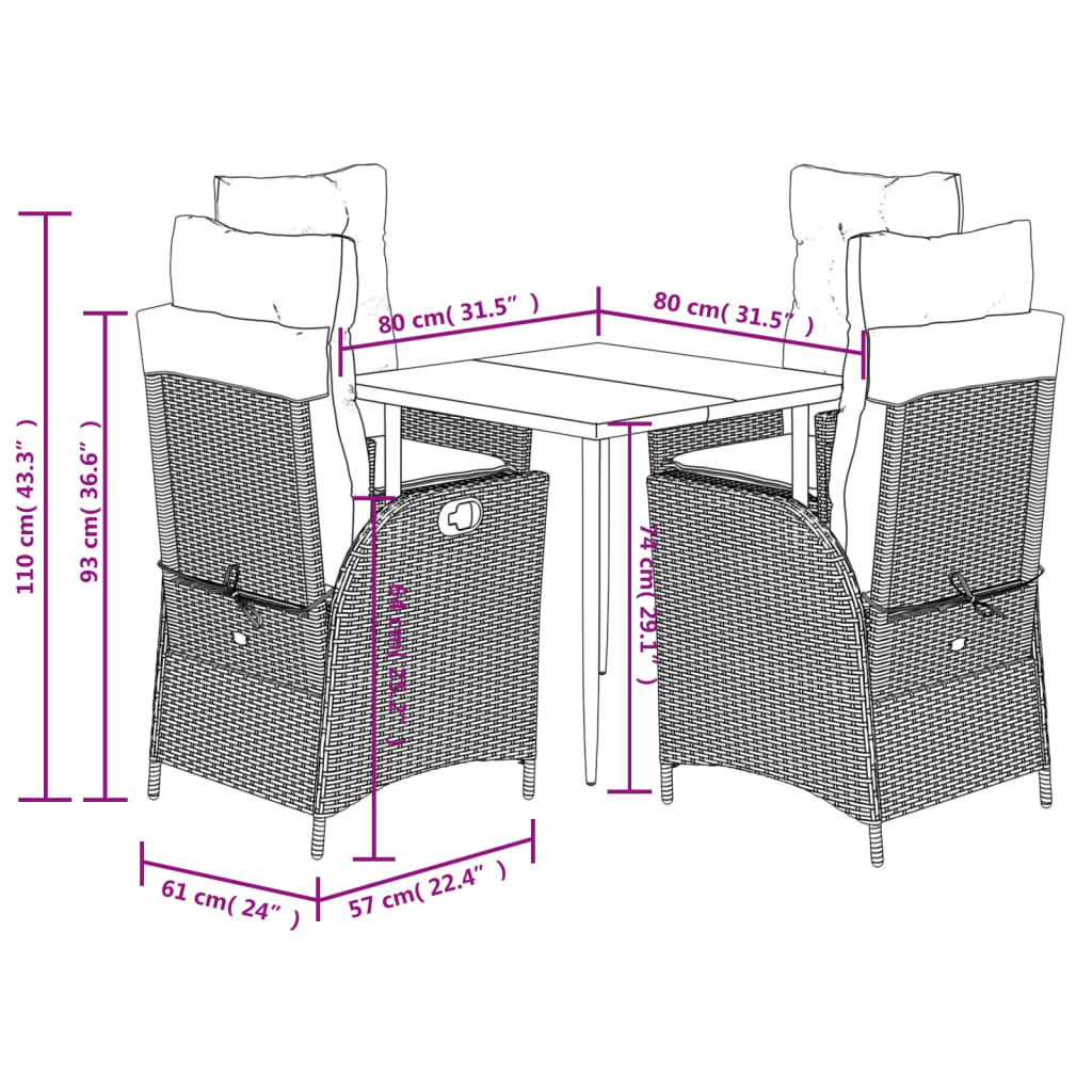 5-tlg. Garten-Essgruppe mit Kissen Schwarz Poly Rattan