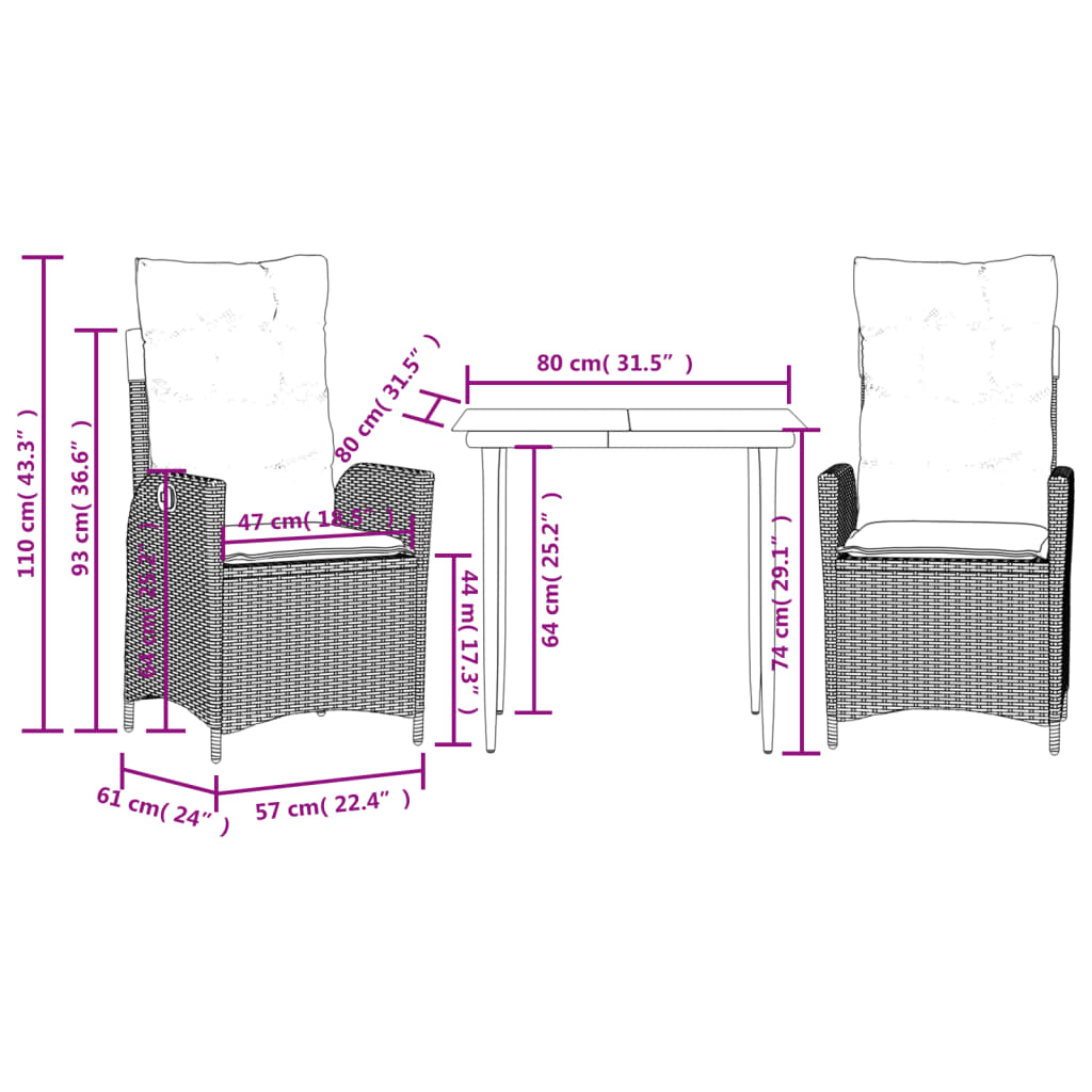 3-tlg. Garten-Essgruppe mit Kissen Braun Poly Rattan