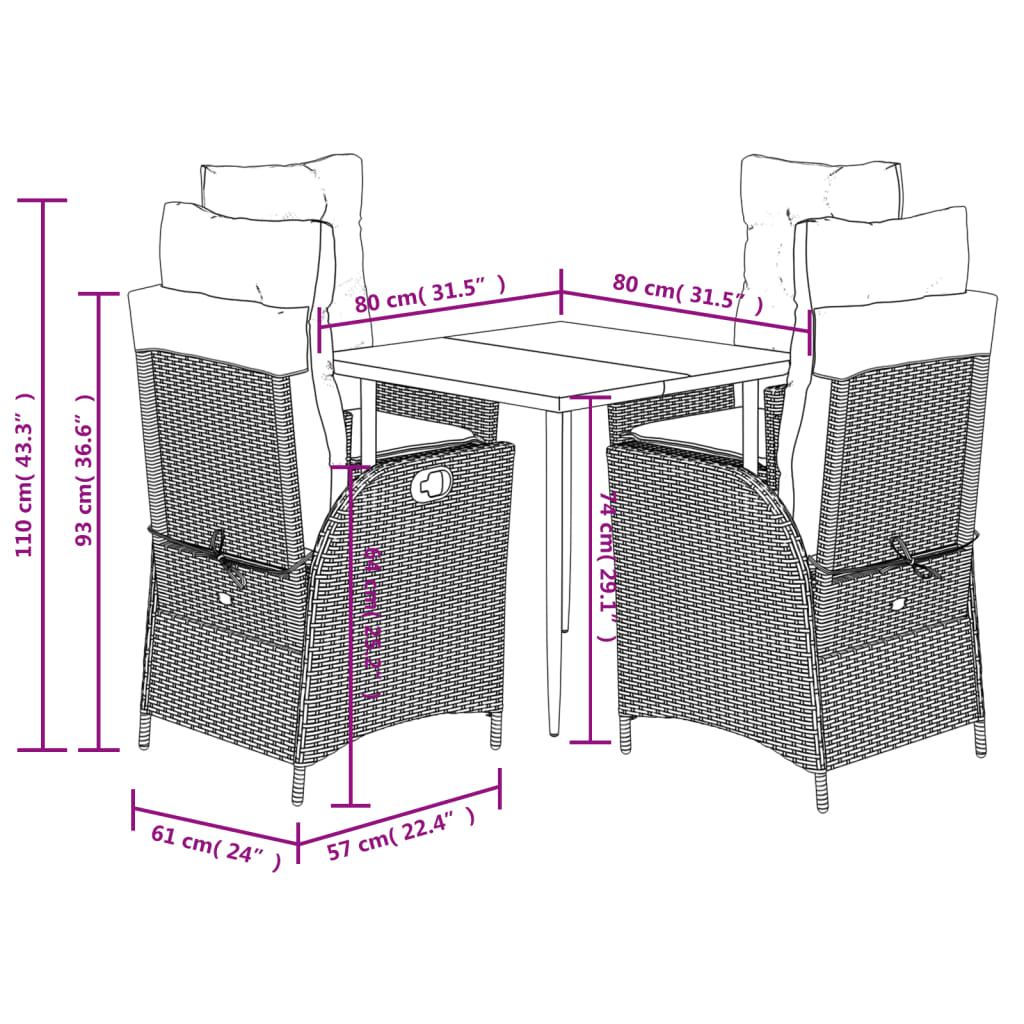 5-tlg. Garten-Essgruppe mit Kissen Braun Poly Rattan