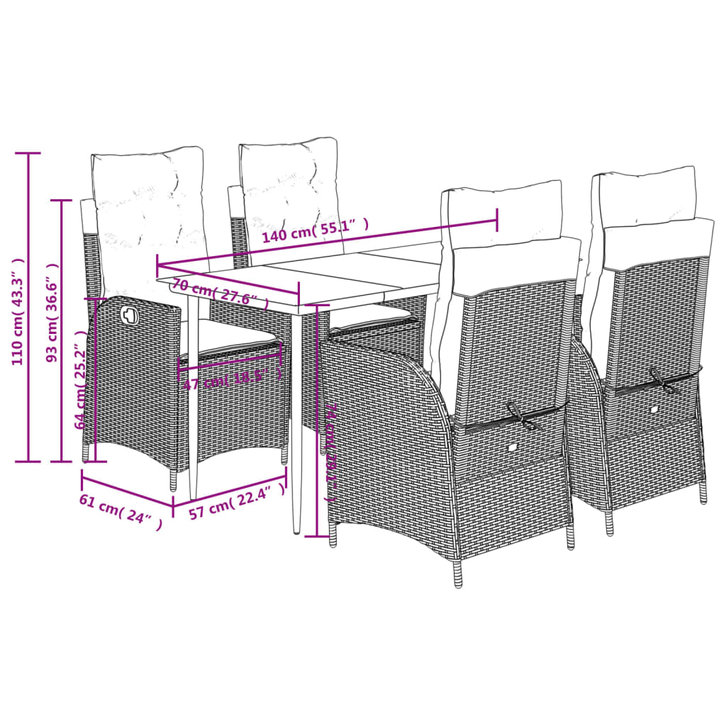 5-tlg. Garten-Essgruppe mit Kissen Braun Poly Rattan
