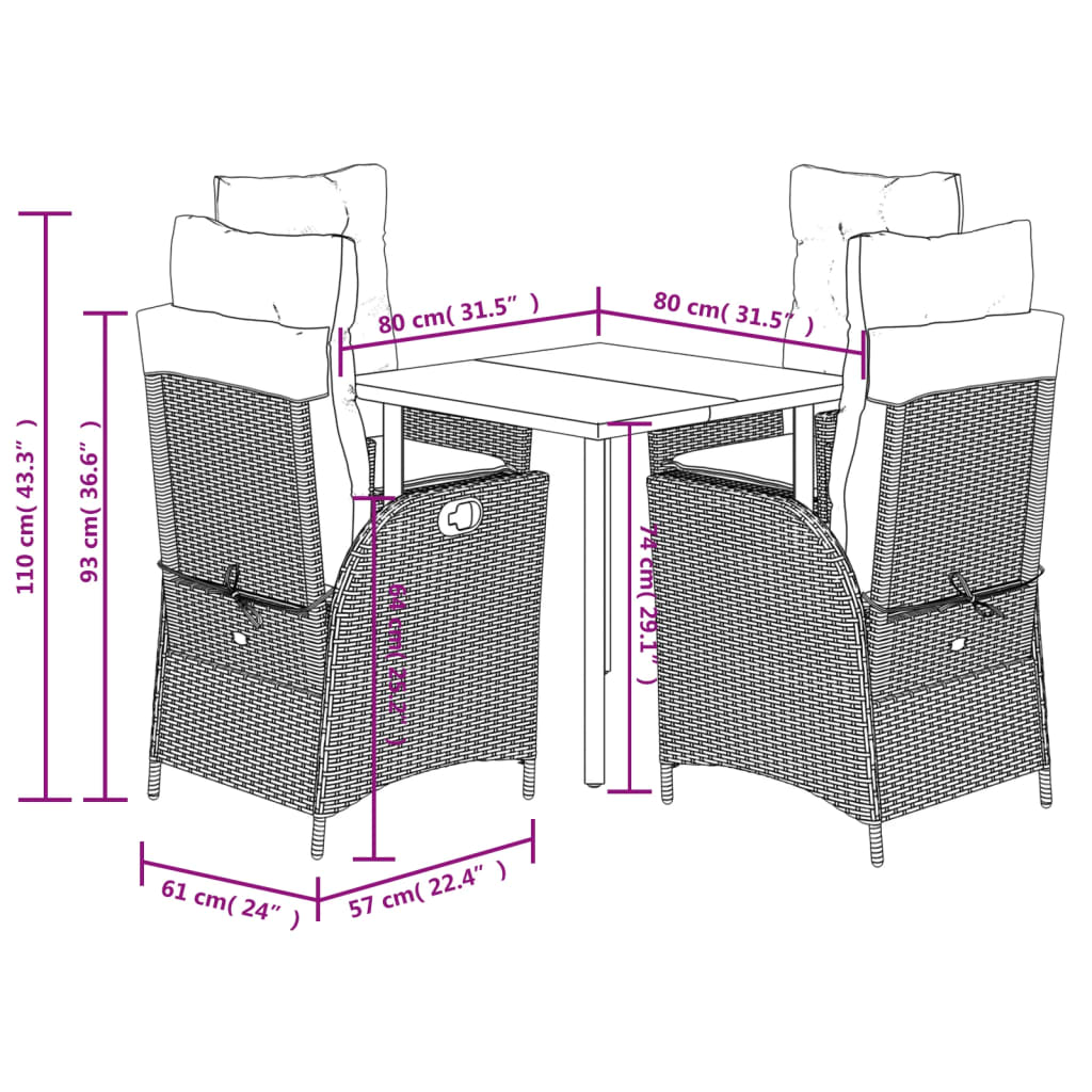 5-tlg. Garten-Essgruppe mit Kissen Grau Poly Rattan