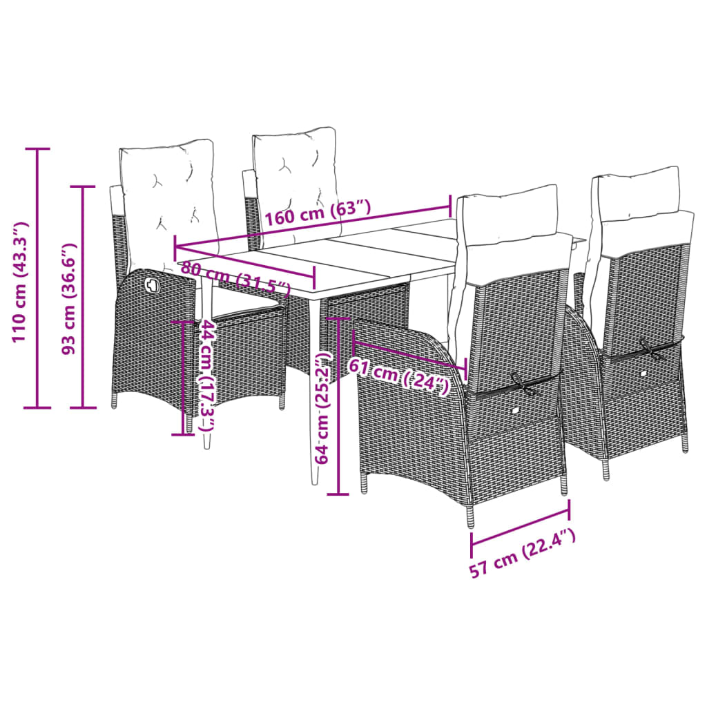 5-tlg. Garten-Essgruppe mit Kissen Hellgrau Poly Rattan