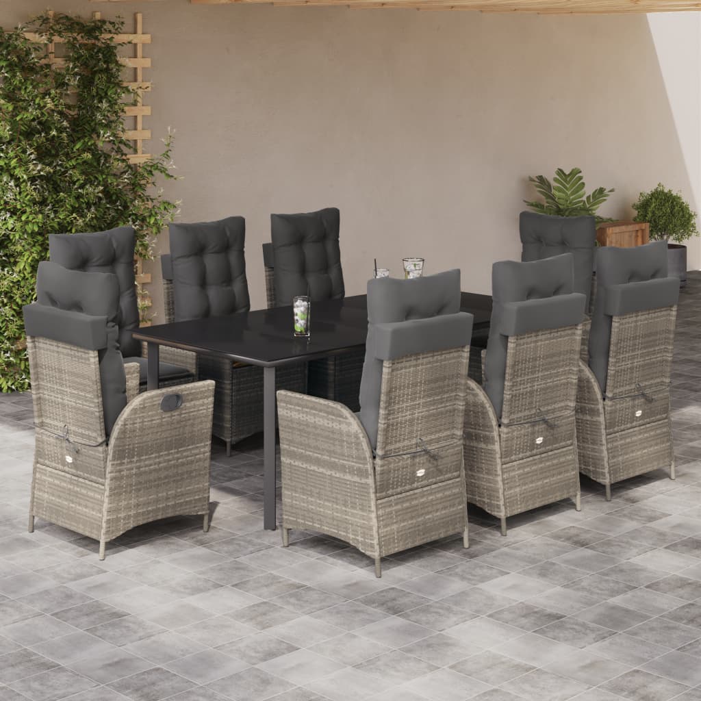 9-tlg. Garten-Essgruppe mit Kissen Hellgrau Poly Rattan