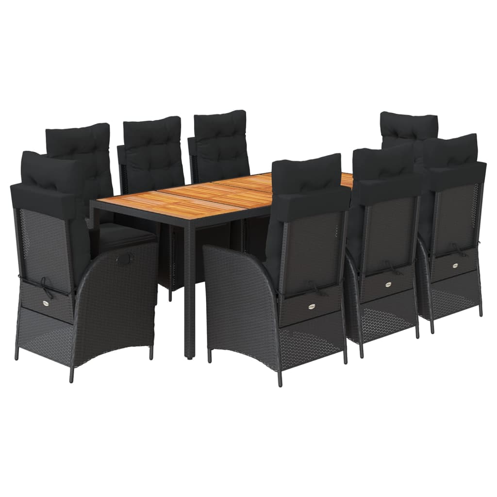 9-tlg. Garten-Essgruppe mit Kissen Schwarz Poly Rattan