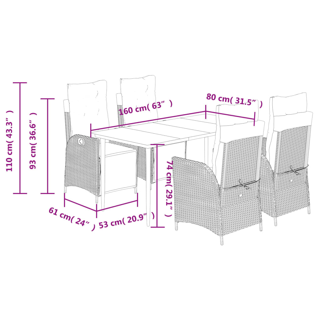 5-tlg. Garten-Essgruppe mit Kissen Braun Poly Rattan