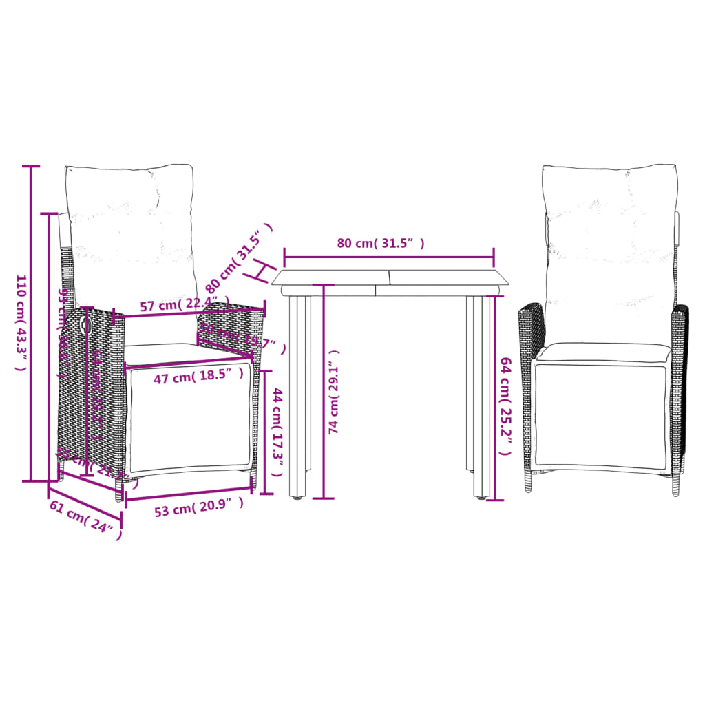 3-tlg. Garten-Essgruppe mit Kissen Braun Poly Rattan