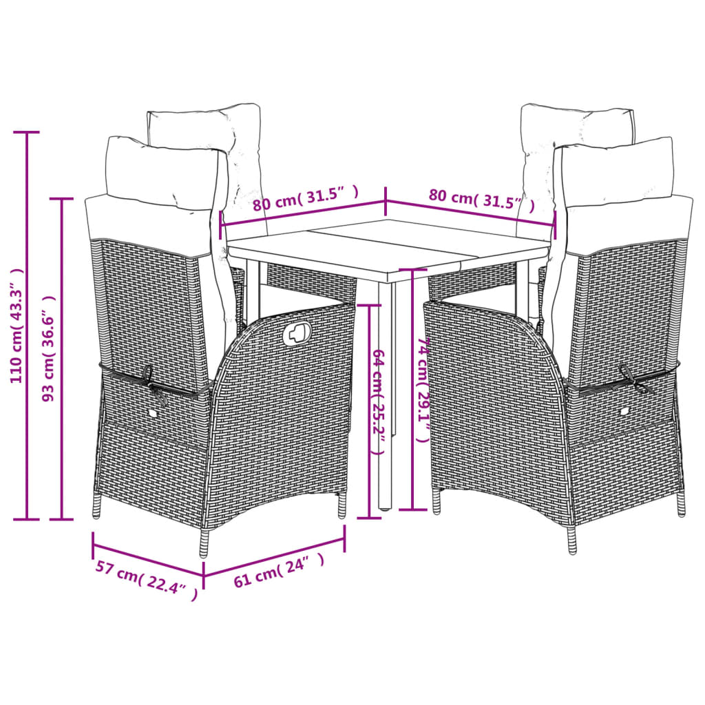 5-tlg. Garten-Essgruppe mit Kissen Braun Poly Rattan