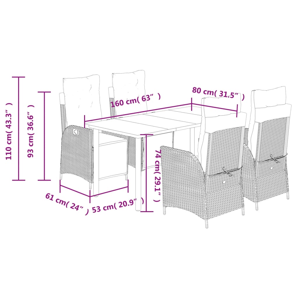 5-tlg. Garten-Essgruppe mit Kissen Braun Poly Rattan