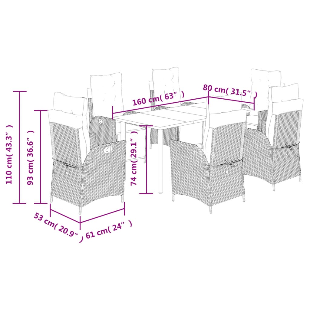 7-tlg. Garten-Essgruppe mit Kissen Braun Poly Rattan