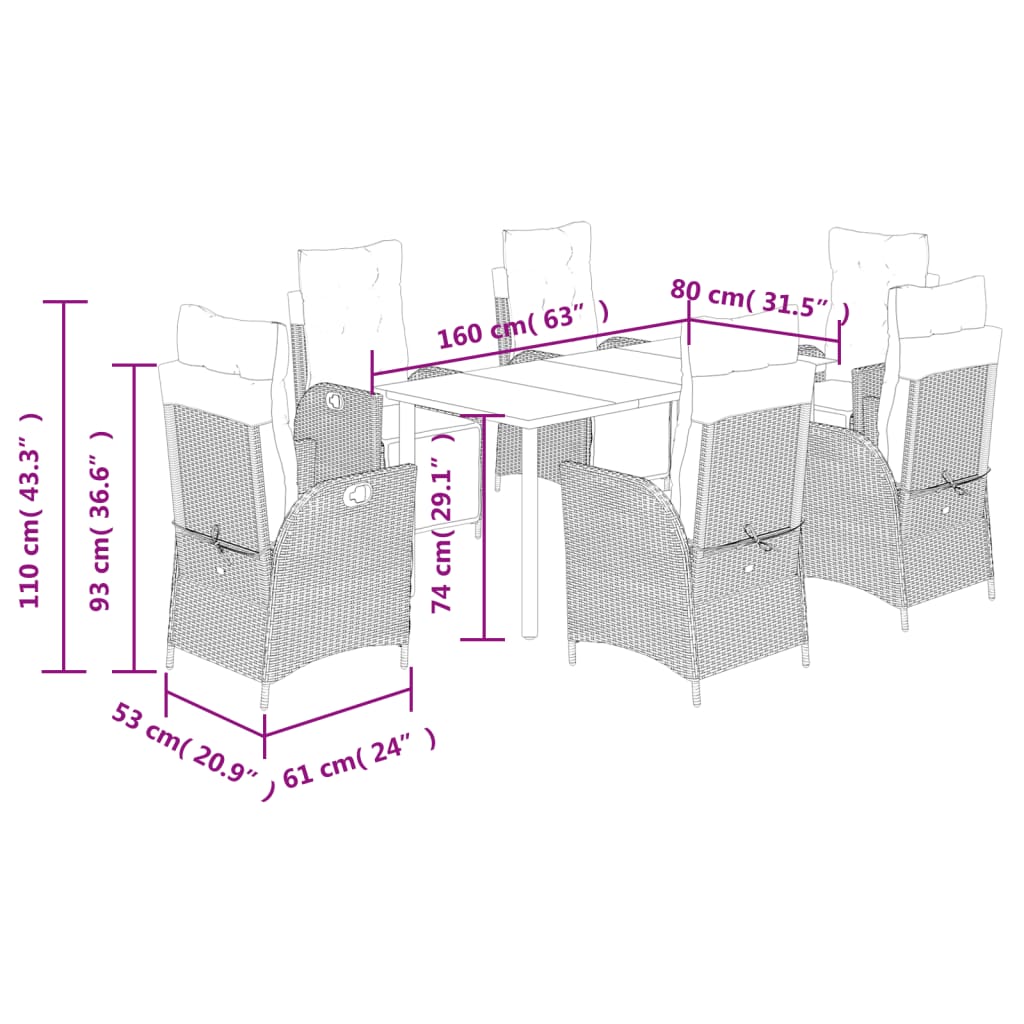 7-tlg. Garten-Essgruppe mit Kissen Beige Poly Rattan
