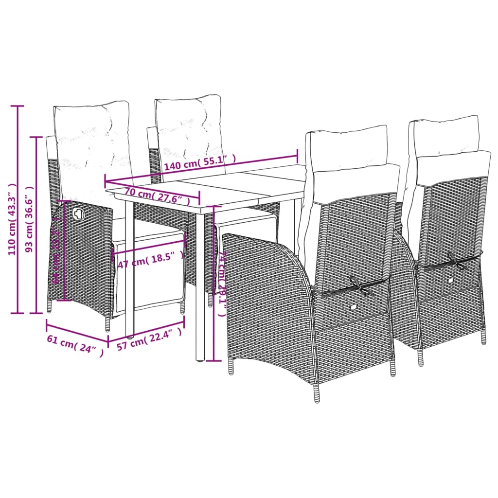5-tlg. Garten-Essgruppe mit Kissen Hellgrau Poly Rattan