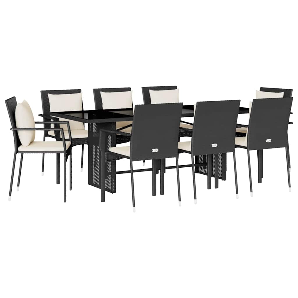 9-tlg. Garten-Essgruppe mit Kissen Schwarz Poly Rattan
