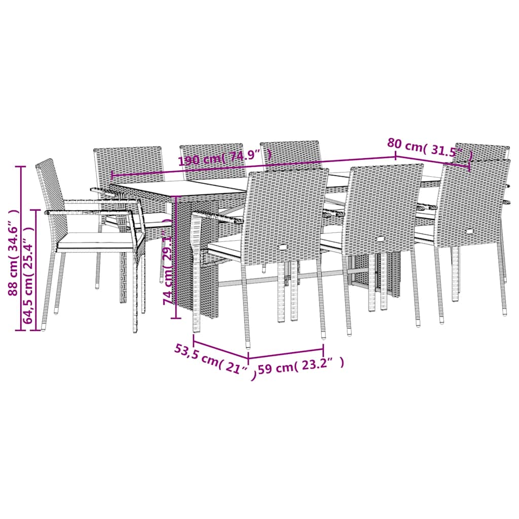 9-tlg. Garten-Essgruppe mit Kissen Schwarz Poly Rattan