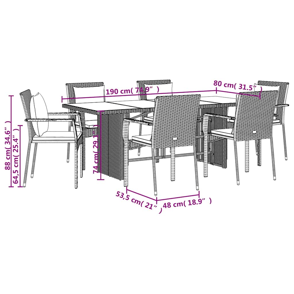 7-tlg. Garten-Essgruppe mit Kissen Schwarz Poly Rattan