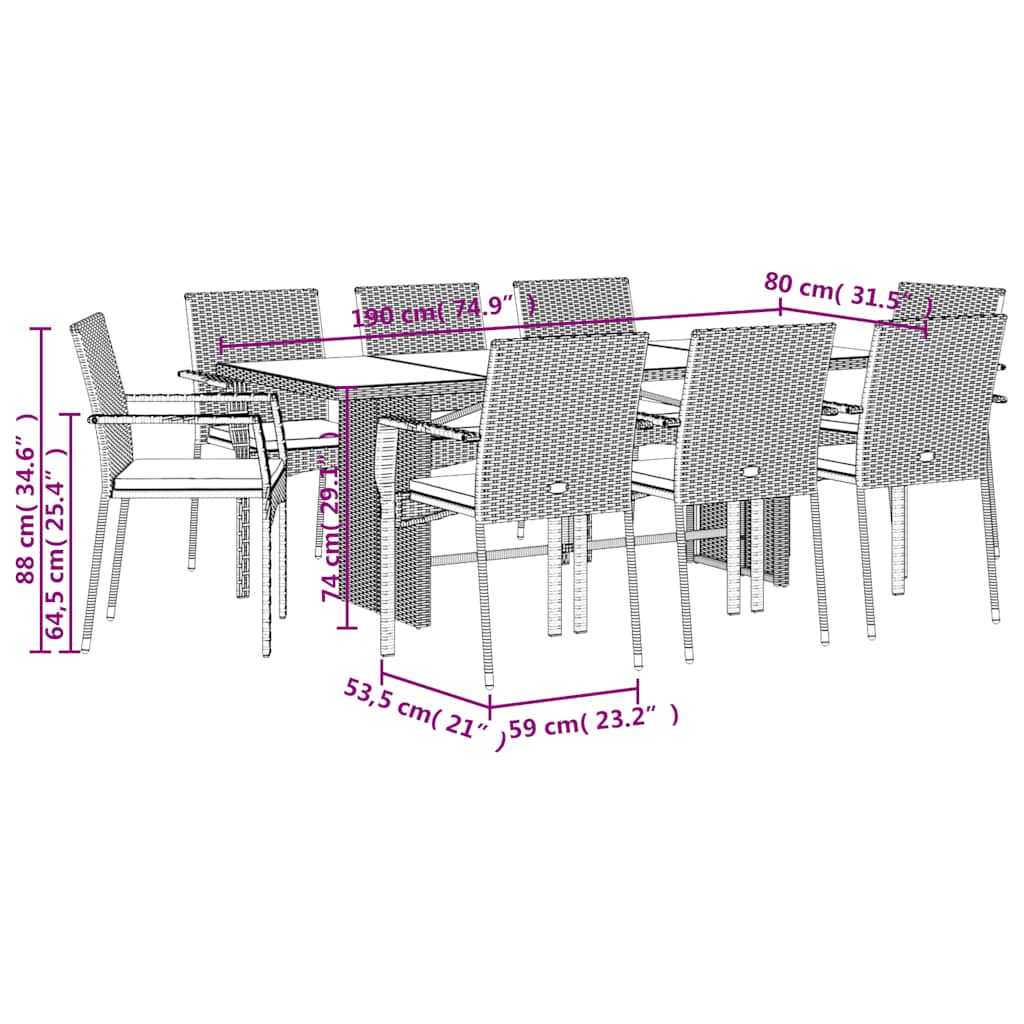 9-tlg. Garten-Essgruppe mit Kissen Schwarz Poly Rattan