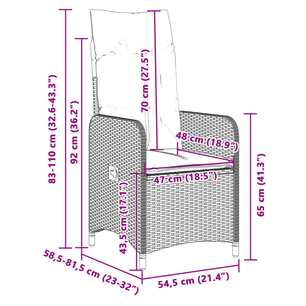 Gartenstühle Verstellbar 2 Stk. mit Kissen Grau Poly Rattan