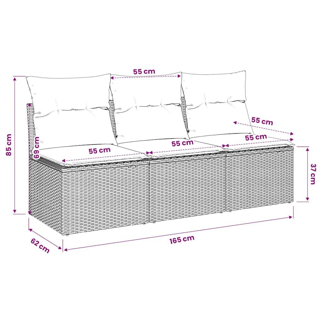 Gartensofa mit Kissen 3-Sitzer Schwarz Poly Rattan
