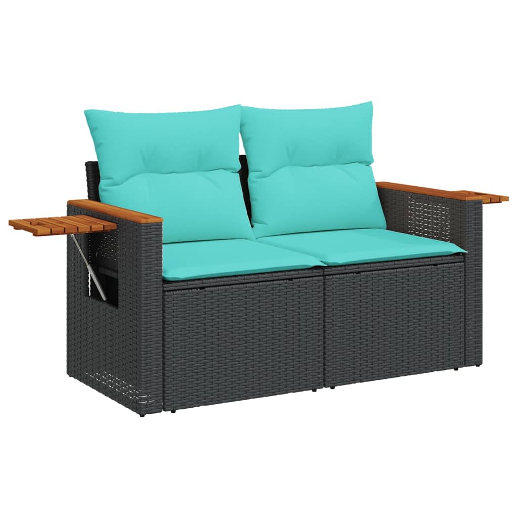 Gartensofa mit Kissen 2-Sitzer Schwarz Poly Rattan
