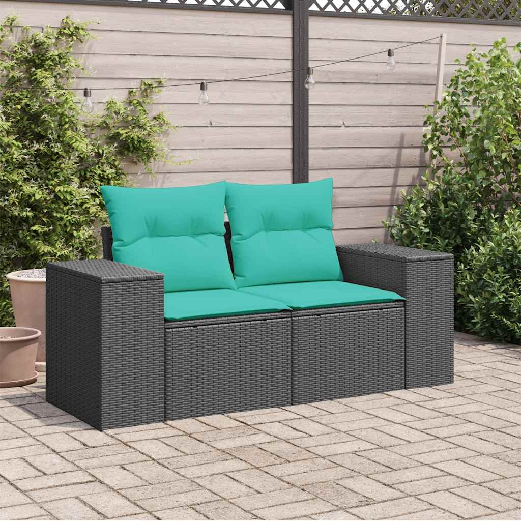Gartensofa mit Kissen 2-Sitzer Schwarz Poly Rattan
