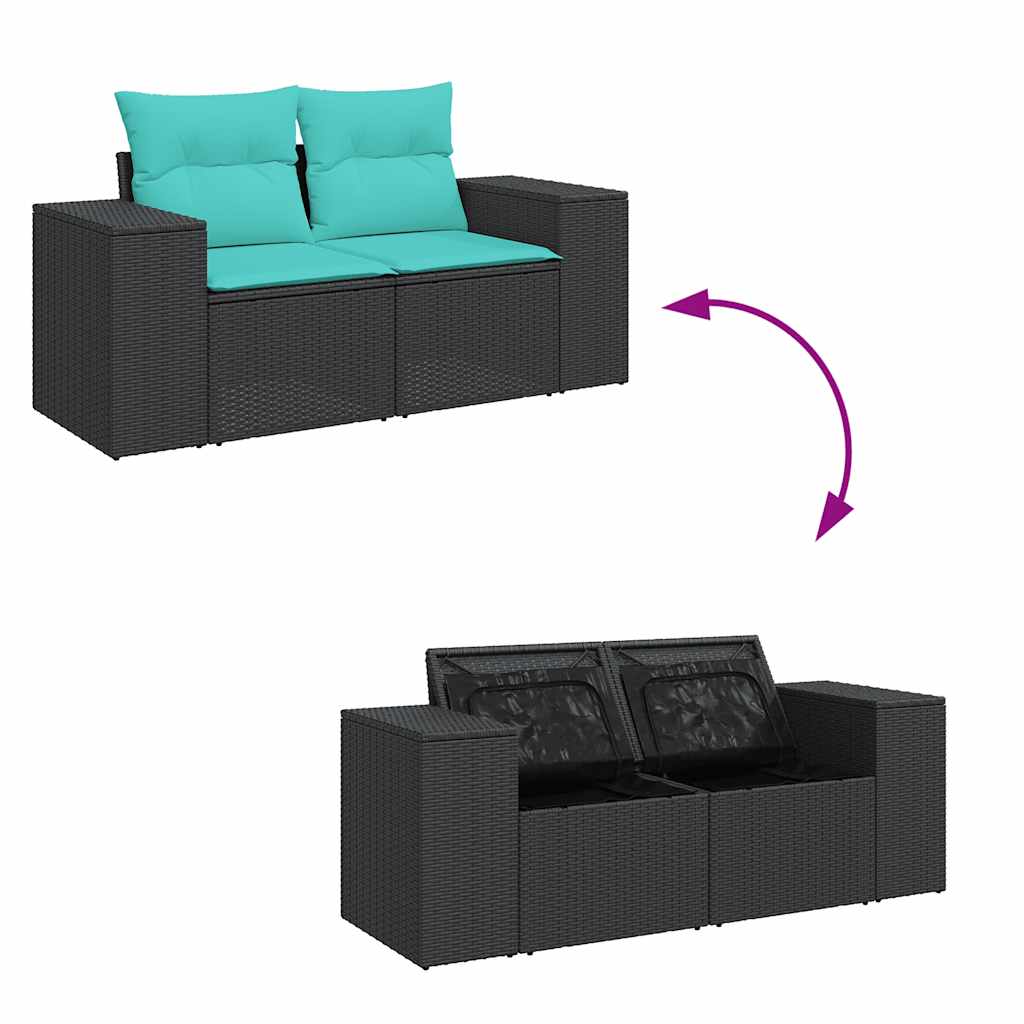 Gartensofa mit Kissen 2-Sitzer Schwarz Poly Rattan