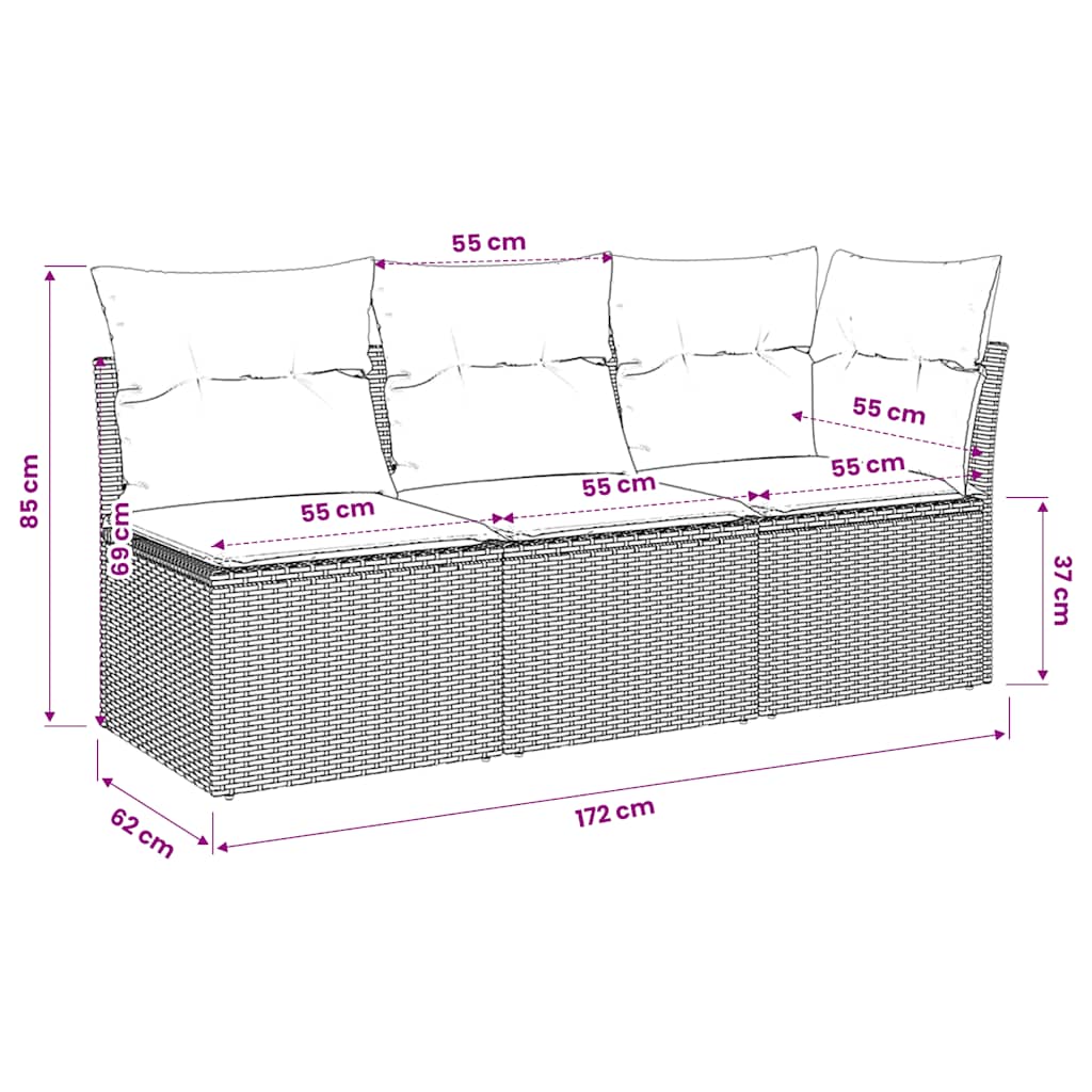 Gartensofa mit Kissen 3-Sitzer Beige Poly Rattan